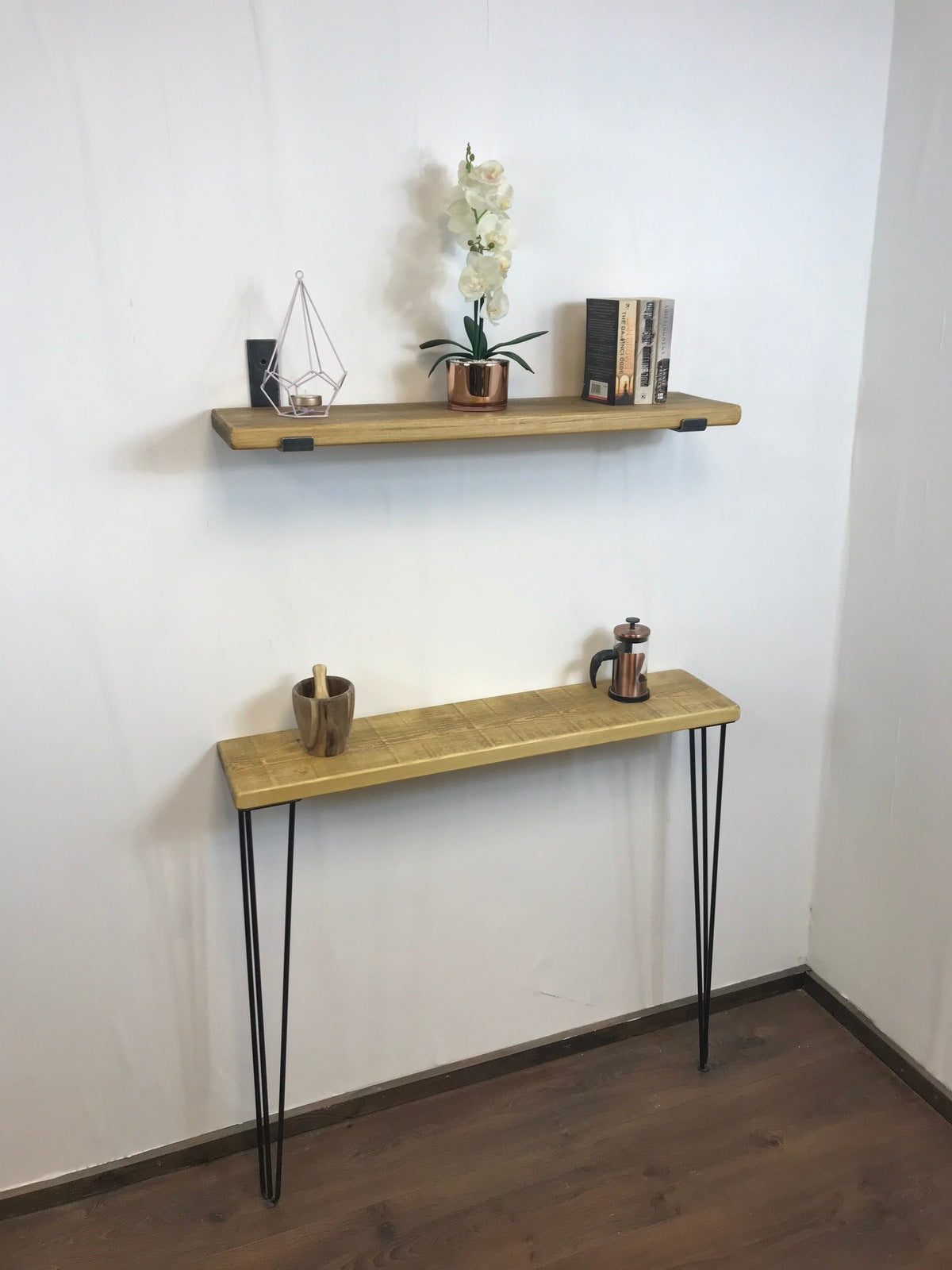 Rustic Style Solid Wood Shelf with lipped up Raw Steel Brackets, Handcrafted, 22cm Depth x 3.2cm, 5 wood finishes. free Uk delivery.