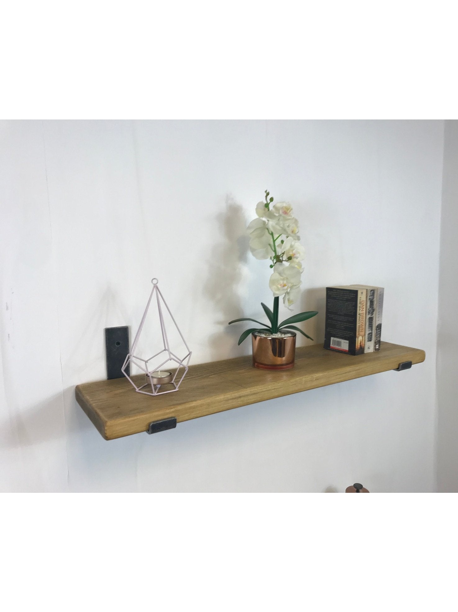 Rustic Style Solid Wood Shelf with lipped up Raw Steel Brackets, Handcrafted, 22cm Depth x 3.2cm, 5 wood finishes. free Uk delivery.