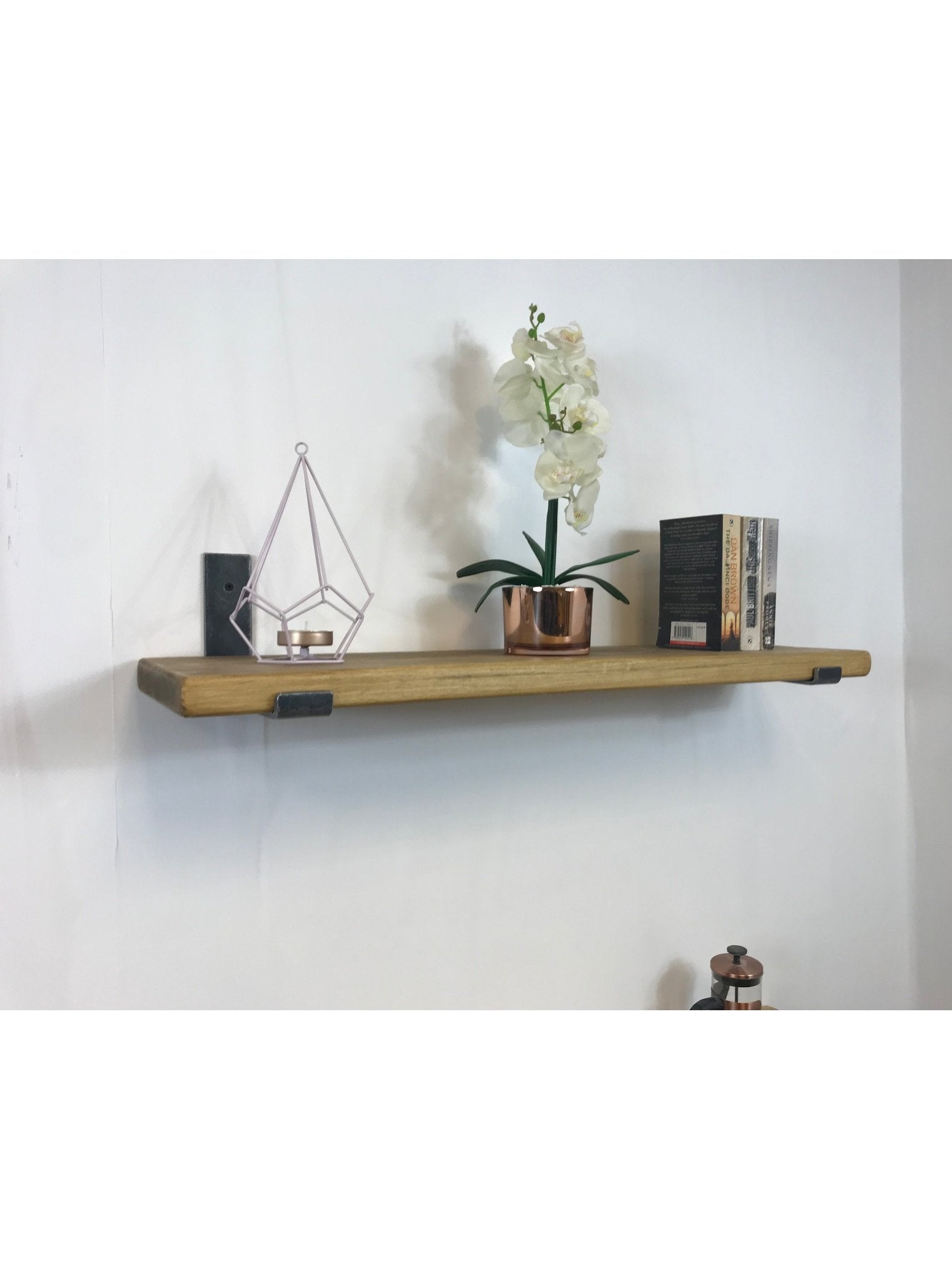 Rustic Style Solid Wood Shelf with lipped up Raw Steel Brackets, Handcrafted, 22cm Depth x 3.2cm, 5 wood finishes. free Uk delivery.