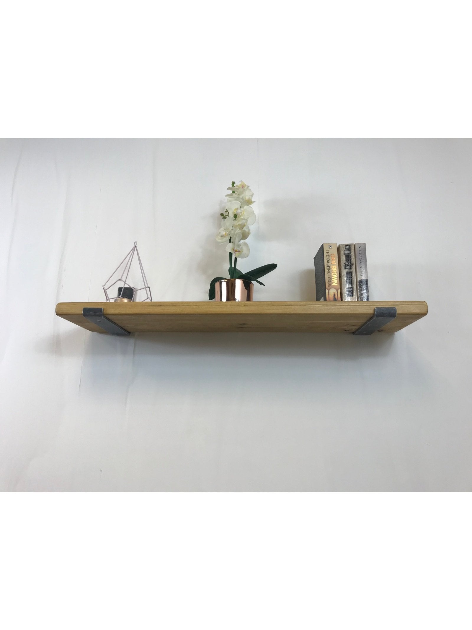 Rustic Style Solid Wood Shelf with lipped up Raw Steel Brackets, Handcrafted, 22cm Depth x 3.2cm, 5 wood finishes. free Uk delivery.