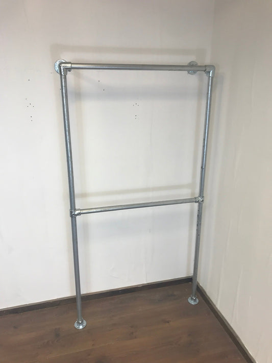 Wall-to-Floor Double Clothing Rail in Galvanized Silver or Black 180cm tall