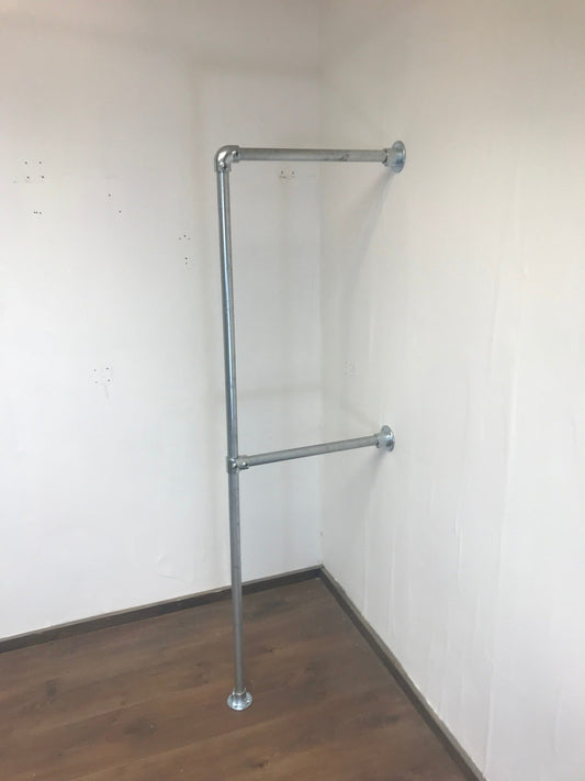 Wall fixed Clothing rail with 2 hanging rails in galvanized silver and black