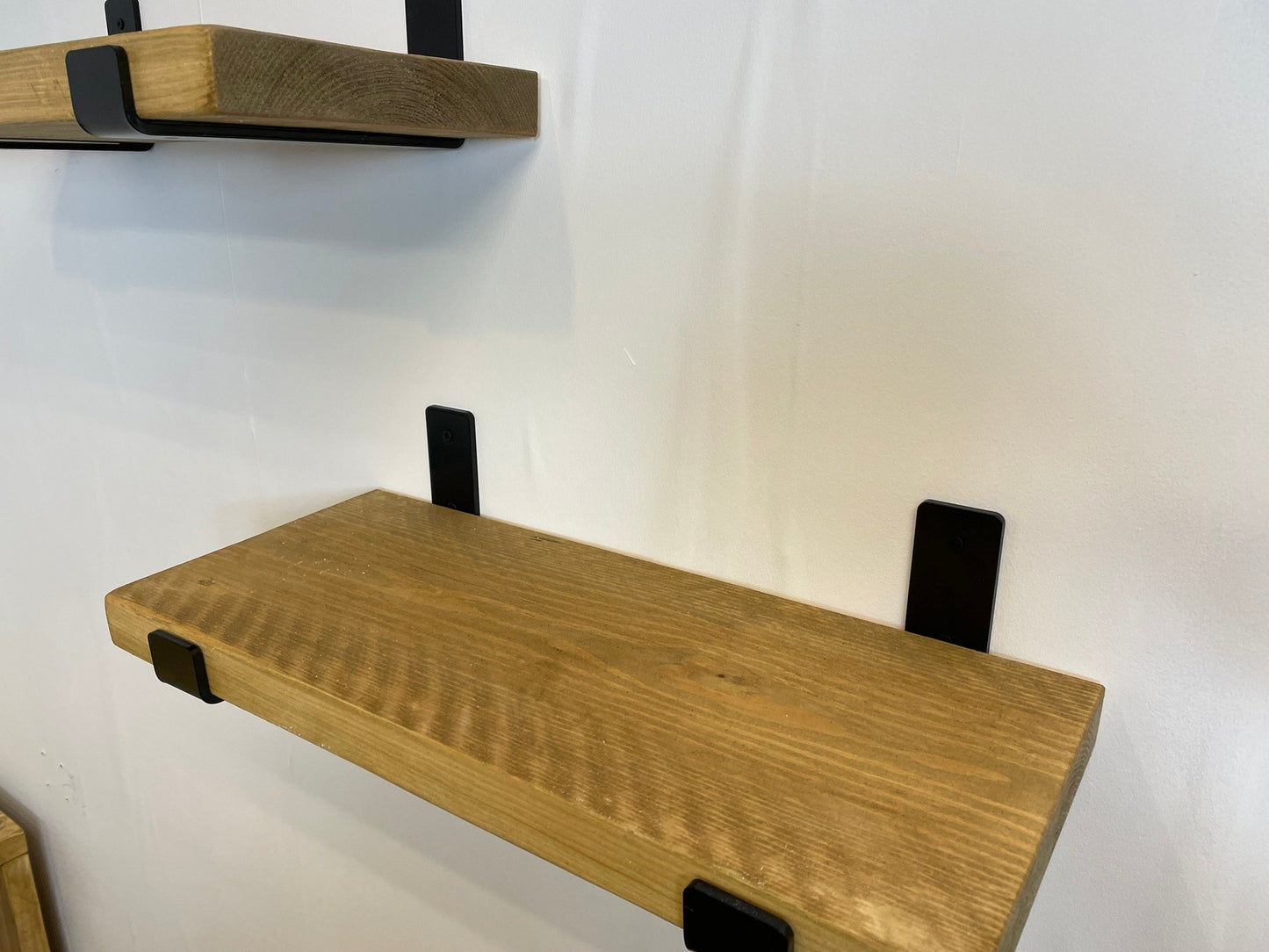 Rustic Wood Shelves with Black Metal Industrial Brackets - 21cm Deep