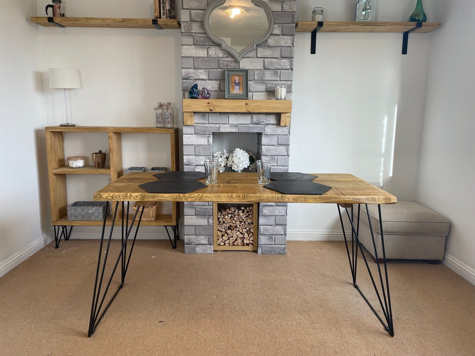 Live Edge Dining Table with Industrial style hair pin legs, Rustic solid wood dining table - 5 wood finishes and 3 legs colours.