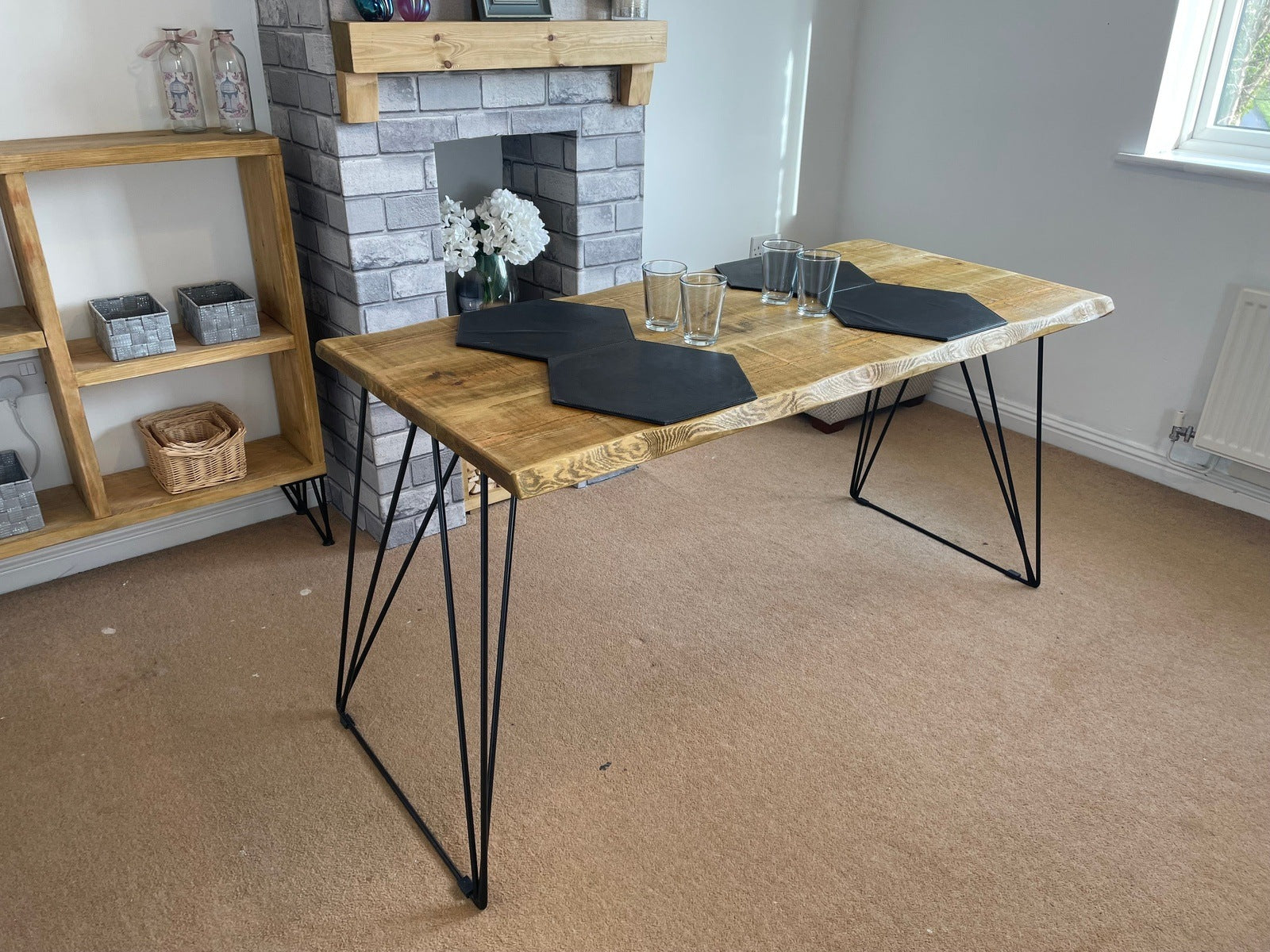 Live Edge Dining Table with Industrial style hair pin legs, Rustic solid wood dining table - 5 wood finishes and 3 legs colours.