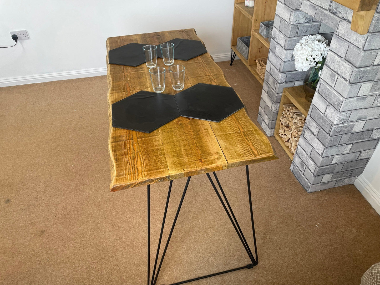 Live Edge Dining Table with Industrial style hair pin legs, Rustic solid wood dining table - 5 wood finishes and 3 legs colours.