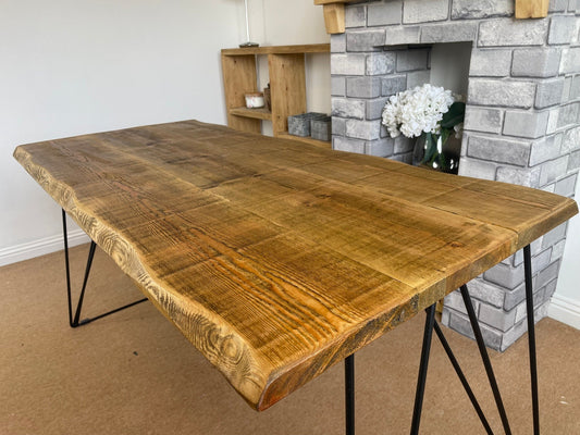 Live Edge Dining Table with Industrial style hair pin legs, Rustic solid wood dining table - 5 wood finishes and 3 legs colours.