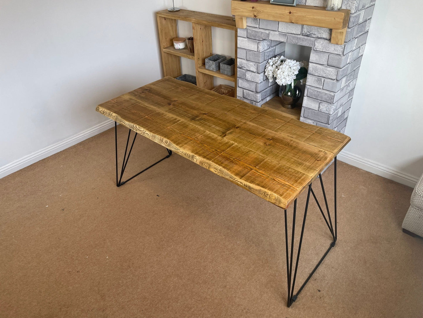 Live Edge Dining Table with Industrial style hair pin legs, Rustic solid wood dining table - 5 wood finishes and 3 legs colours.