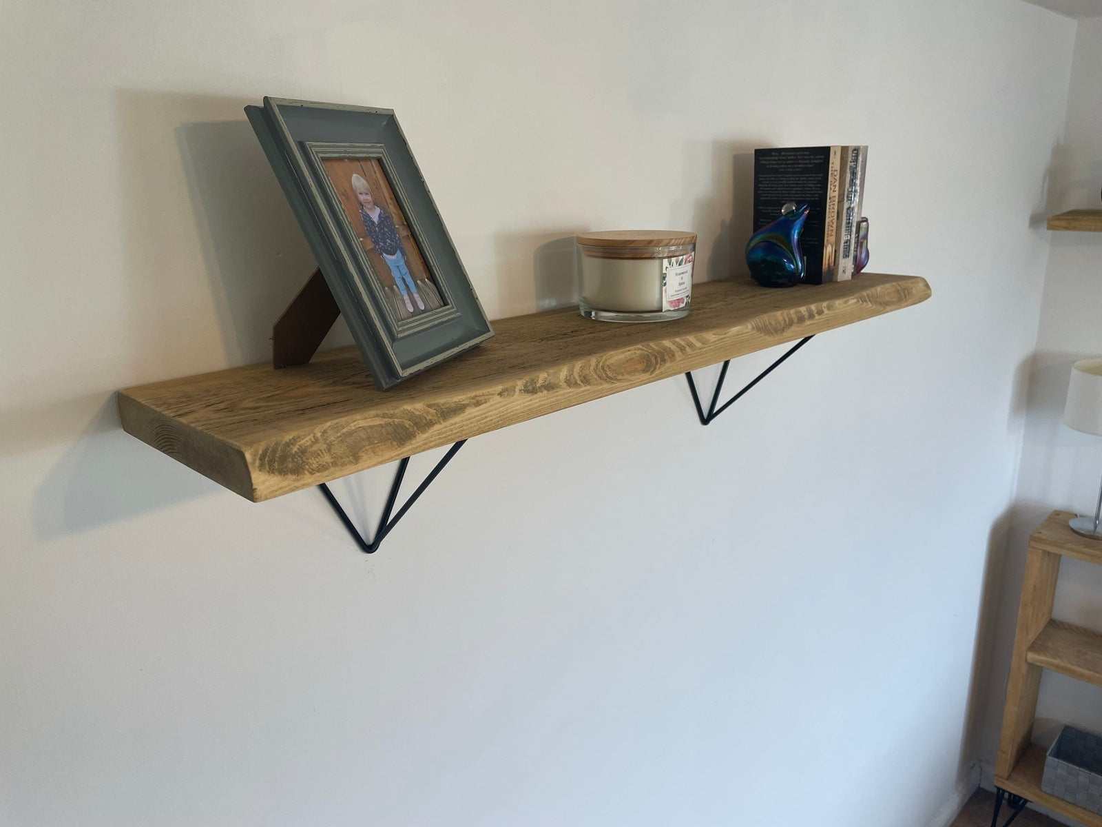 Live Edge Shelf with black prism style brackets, handmade to order, 5 wood finishes.