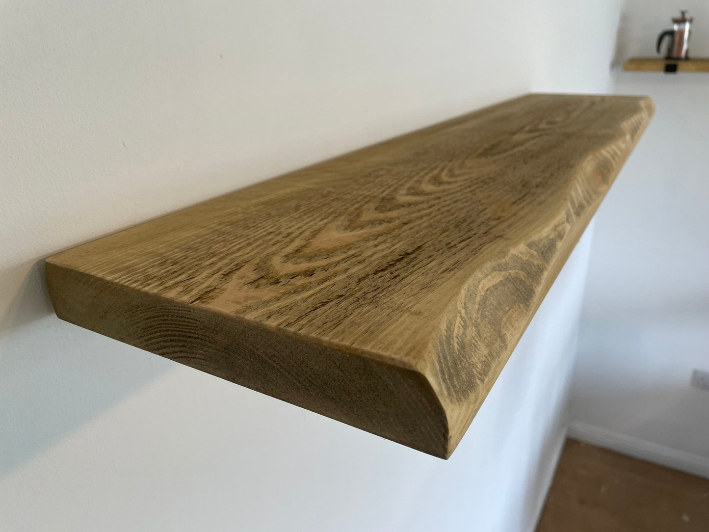 Live Edge Shelf with black prism style brackets, handmade to order, 5 wood finishes.