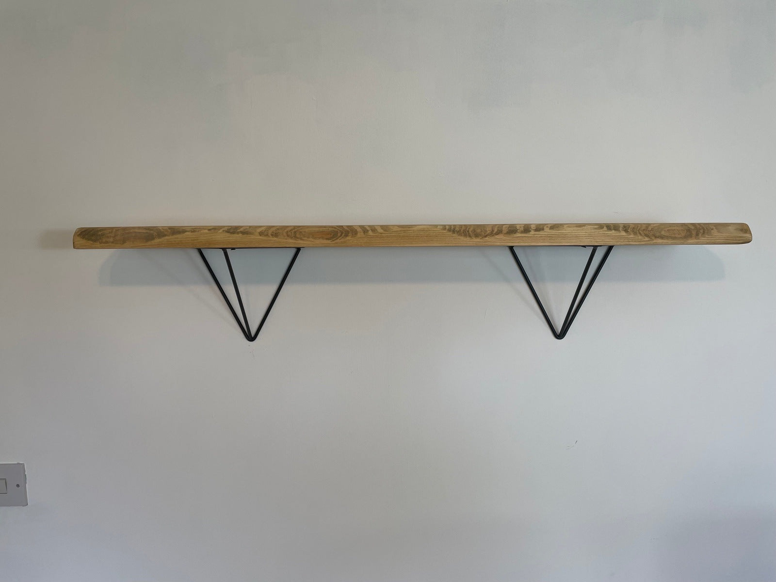 Live Edge Shelf with black prism style brackets, handmade to order, 5 wood finishes.