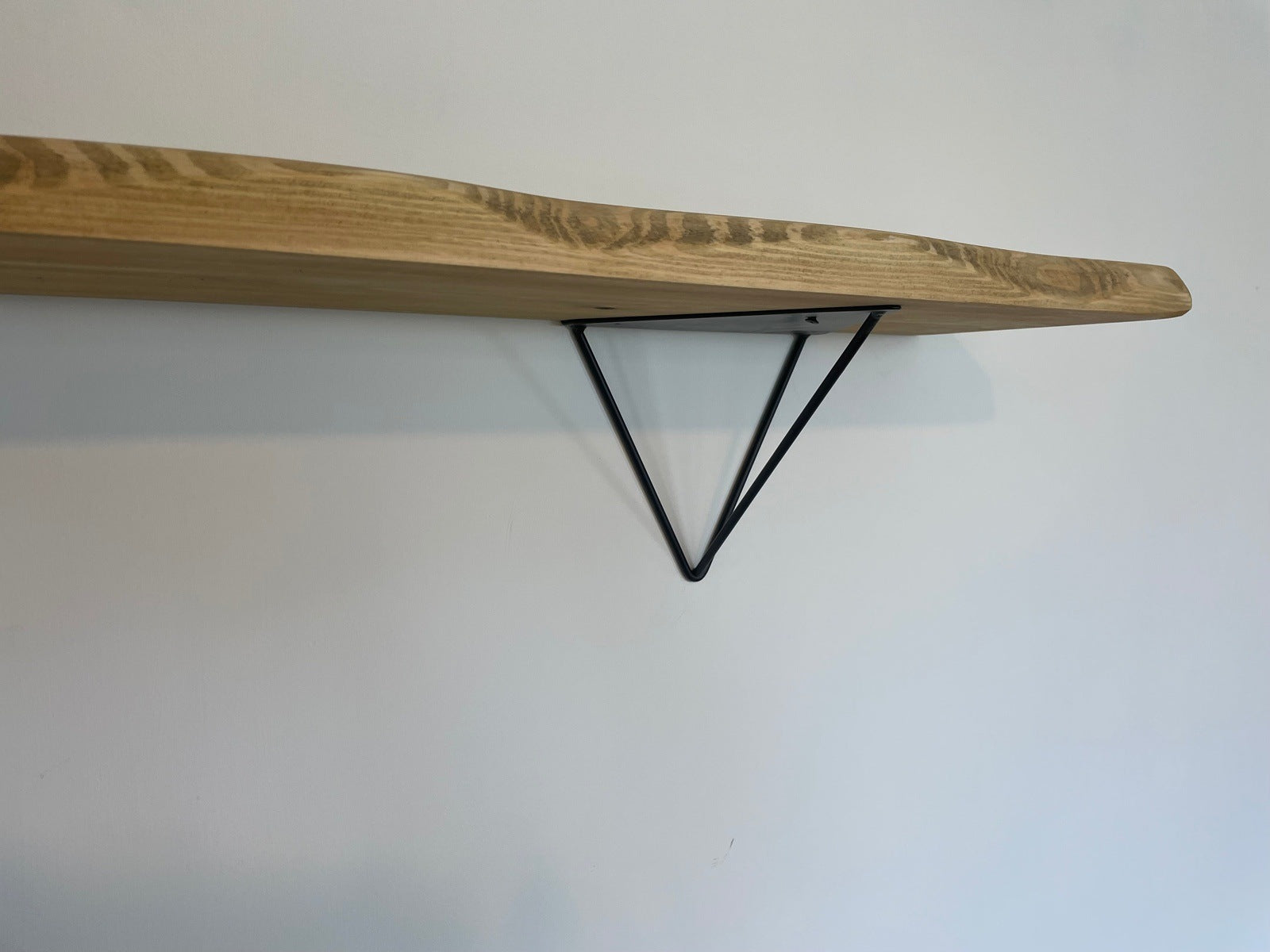 Live Edge Shelf with black prism style brackets, handmade to order, 5 wood finishes.