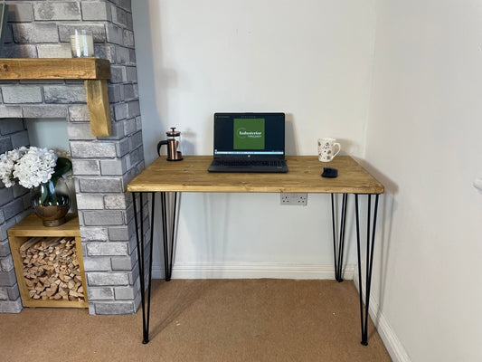 Contemporary Office Desk with Hairpin Legs. Planed timber top in 5 wood colours