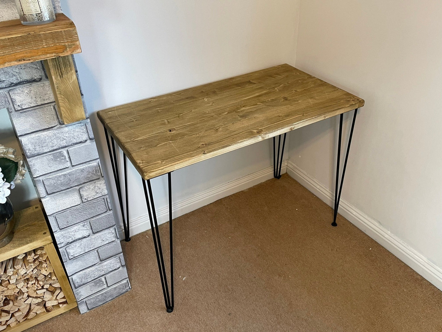 Contemporary Office Desk with Hairpin Legs. Planed timber top in 5 wood colours