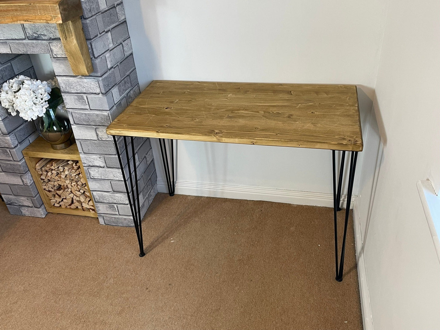 Contemporary Office Desk with Hairpin Legs. Planed timber top in 5 wood colours