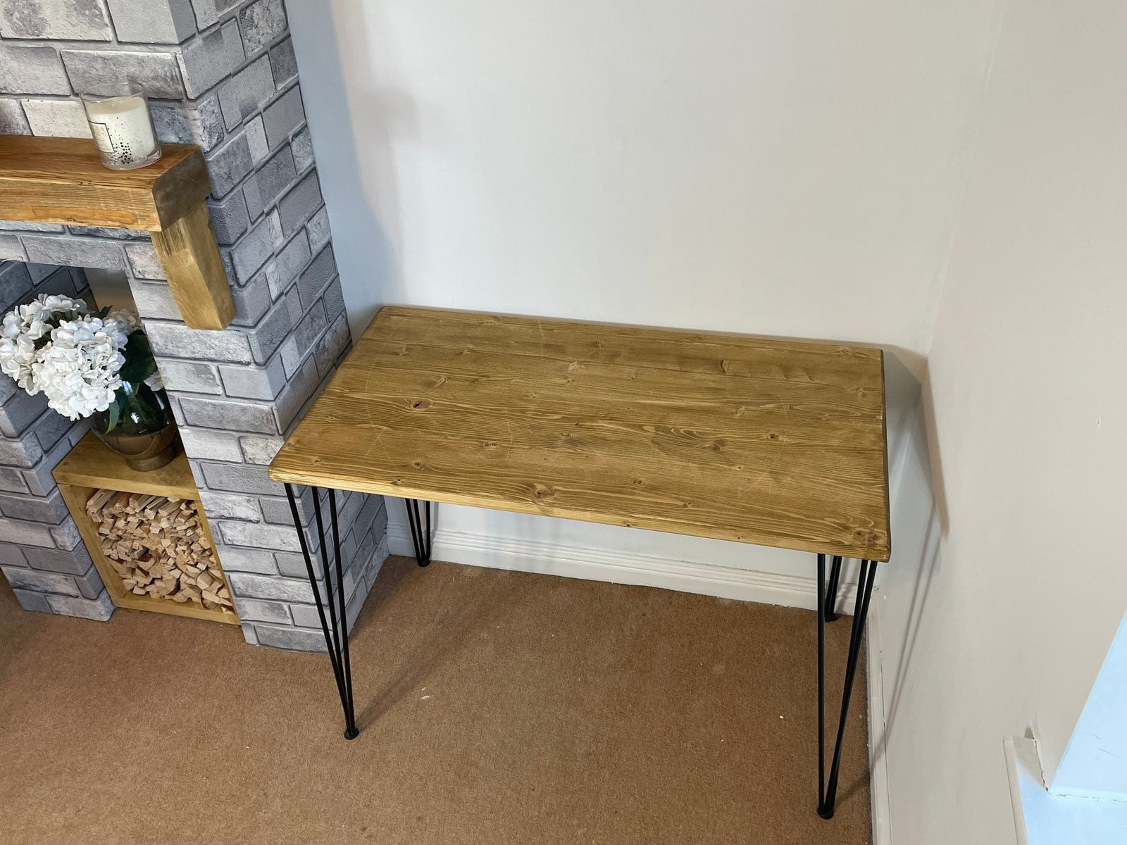 Contemporary Office Desk with Hairpin Legs. Planed timber top in 5 wood colours