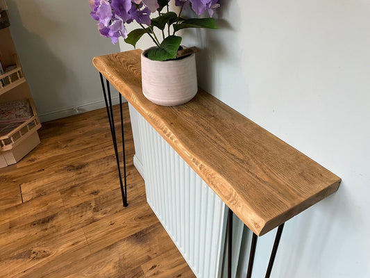 live edge Console Table with Hairpin Legs, radiator shelf, Wooden Rustic Hallway table, Radiator Shelf / Cover, Handmade Wooden Hall Table.