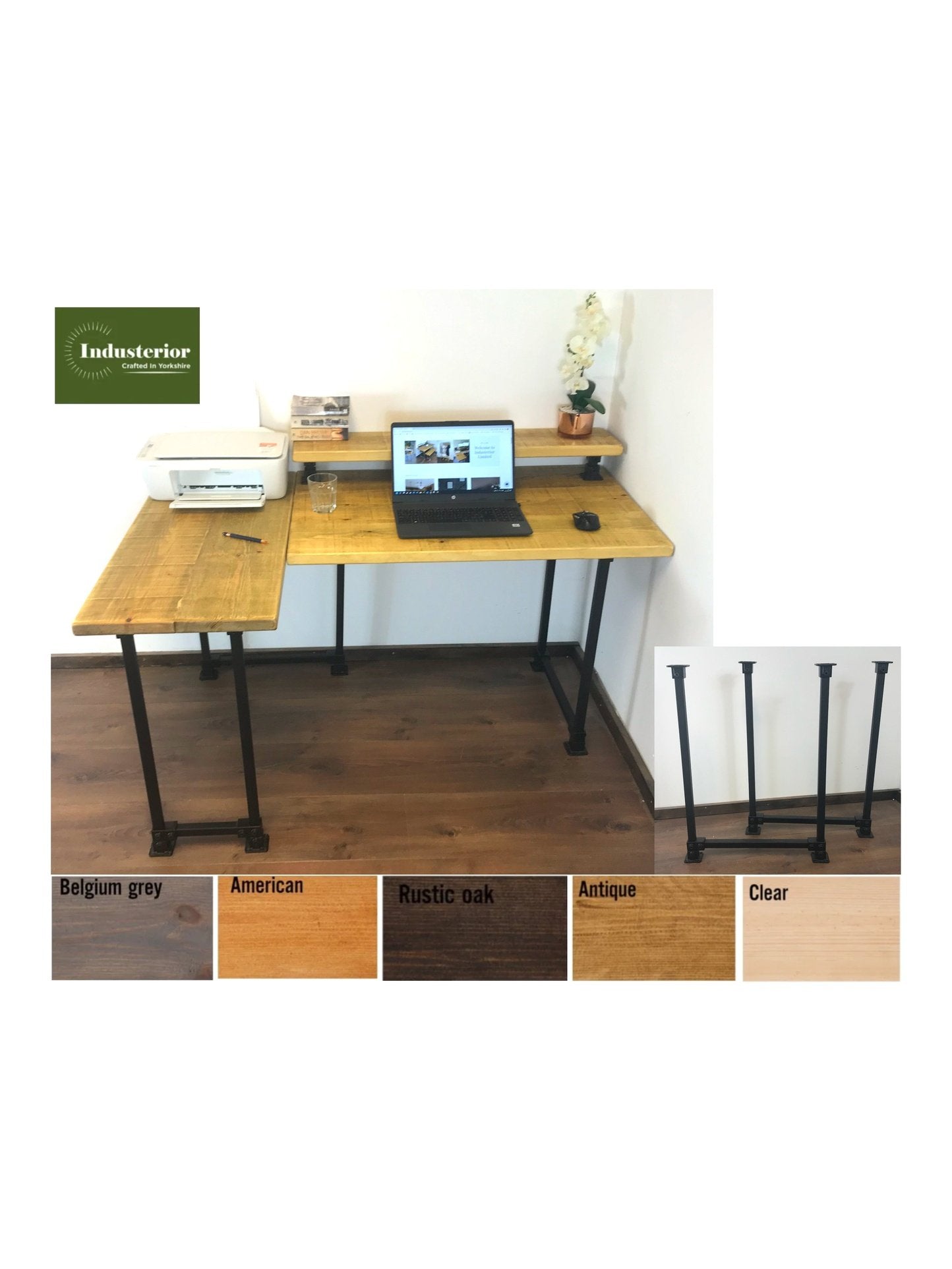 Rustic Corner Desk with Monitor Shelf, black square legs - Left or right-Handed Style - 5 wood Colours, office desk, computer desk