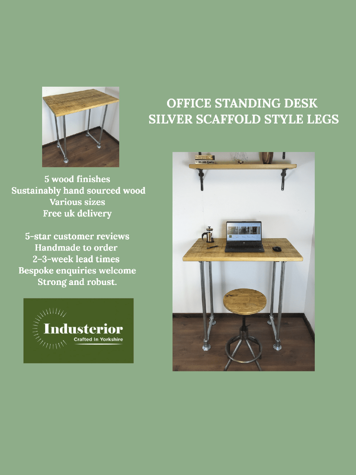 Standing Home Desk with silver pipe legs in 5 wood colours. Industrial style standing Desk, home office. Rustic standing desk