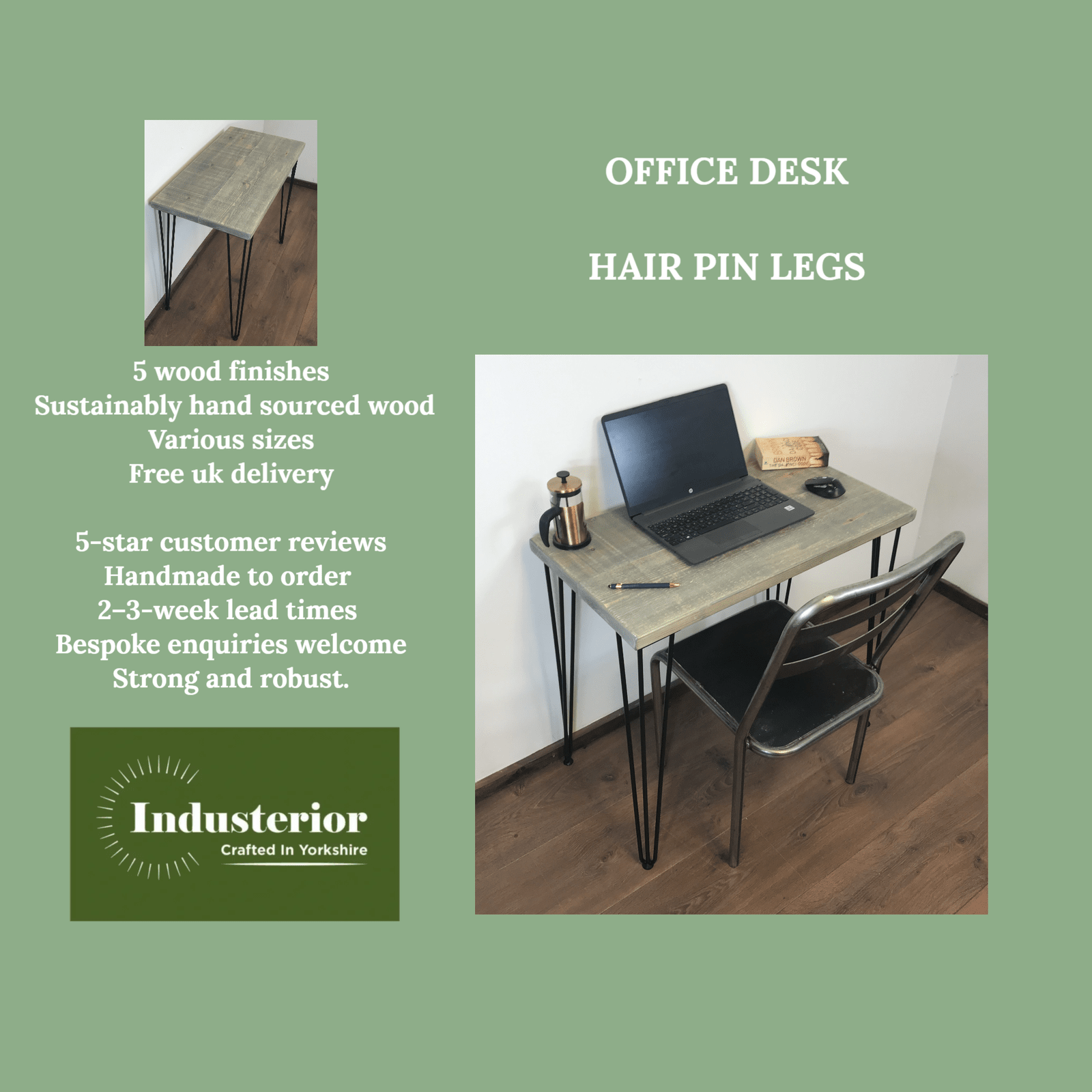 Small Rustic office Desk with hair pin legs- 5 choices of wood finish - Industrial style - solid wood office desk - sustainable timber.