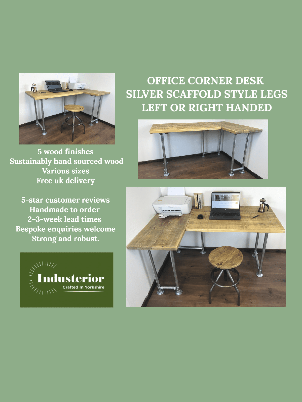 Rustic Industrial Corner Desk - L-Shape with Silver Metal Legs - 3 Colours - Right or left-handed, Free UK delivery