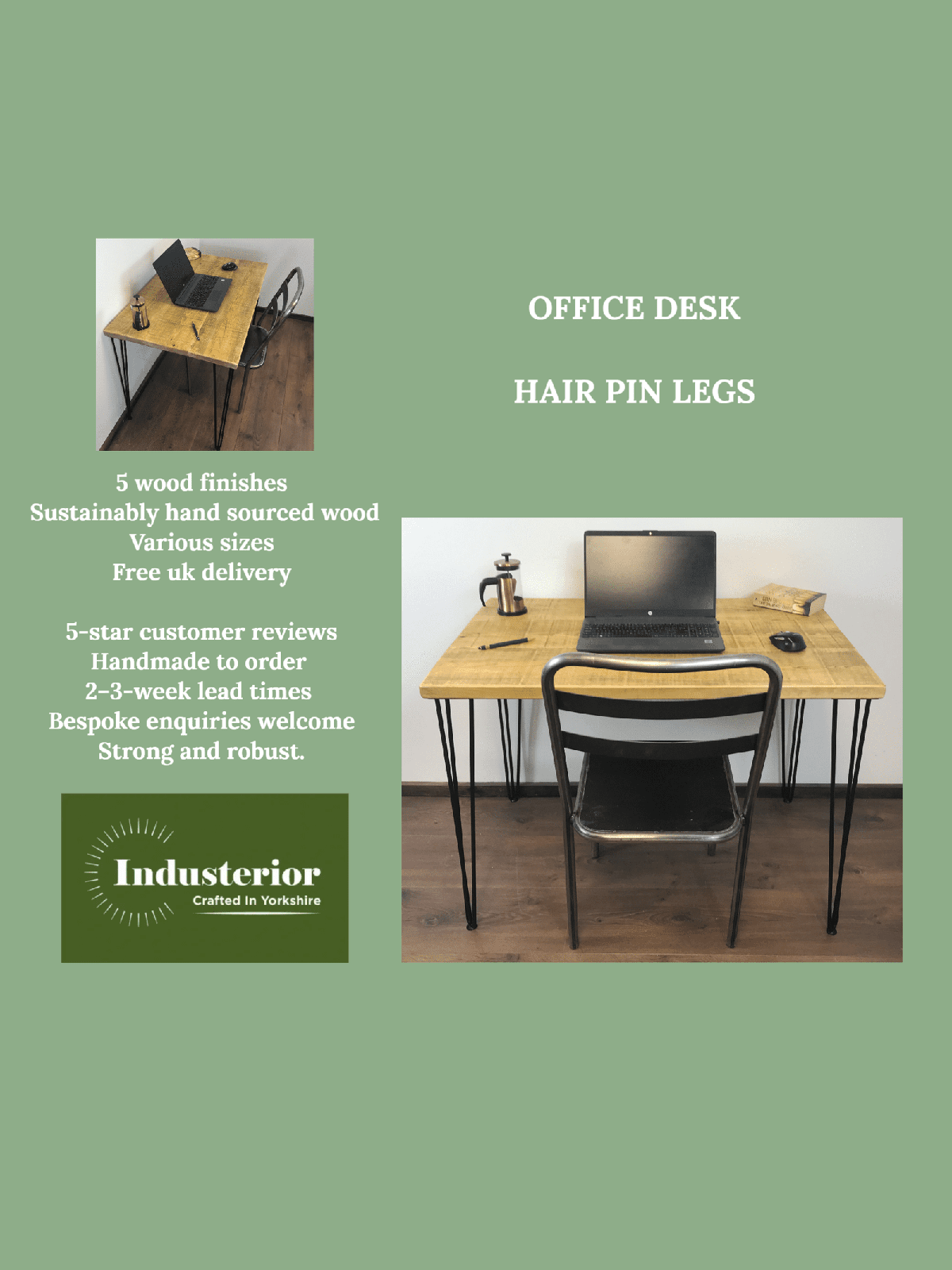 Rustic office Desk with hair pin legs, 5 choices of rustic wood with Industrial style legs, solid wood office desk, sustainable timber.