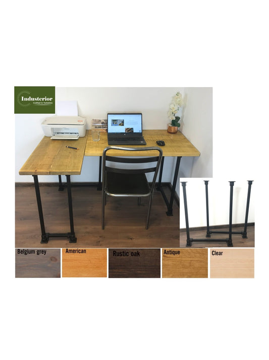Rustic Industrial Corner Desk with black square legs, Adjustable feet for uneven surfaces, Left or right-Handed desk, 5 solid wood Colours