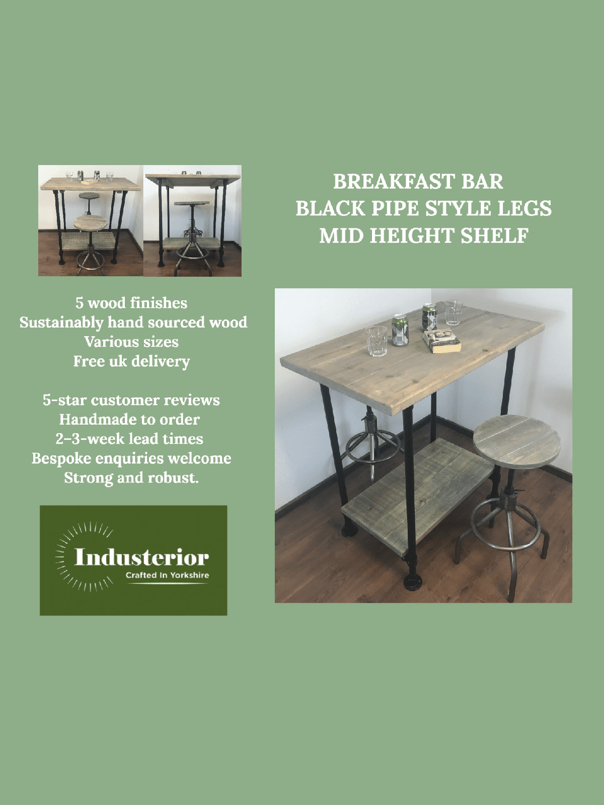 Industrial Breakfast Bar and shelf with Black Pipe Legs, adjustable feet for uneven floors- rustic sustainable wood.