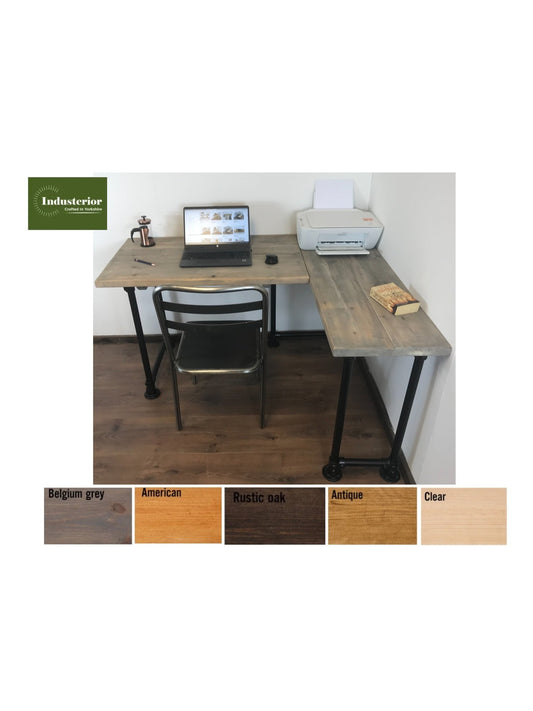Rustic Corner Desk, with sturdy scaffold style black pipe legs, 5 wood finishes -Right/left-handed-Customisable. Industrial l shaped desk.