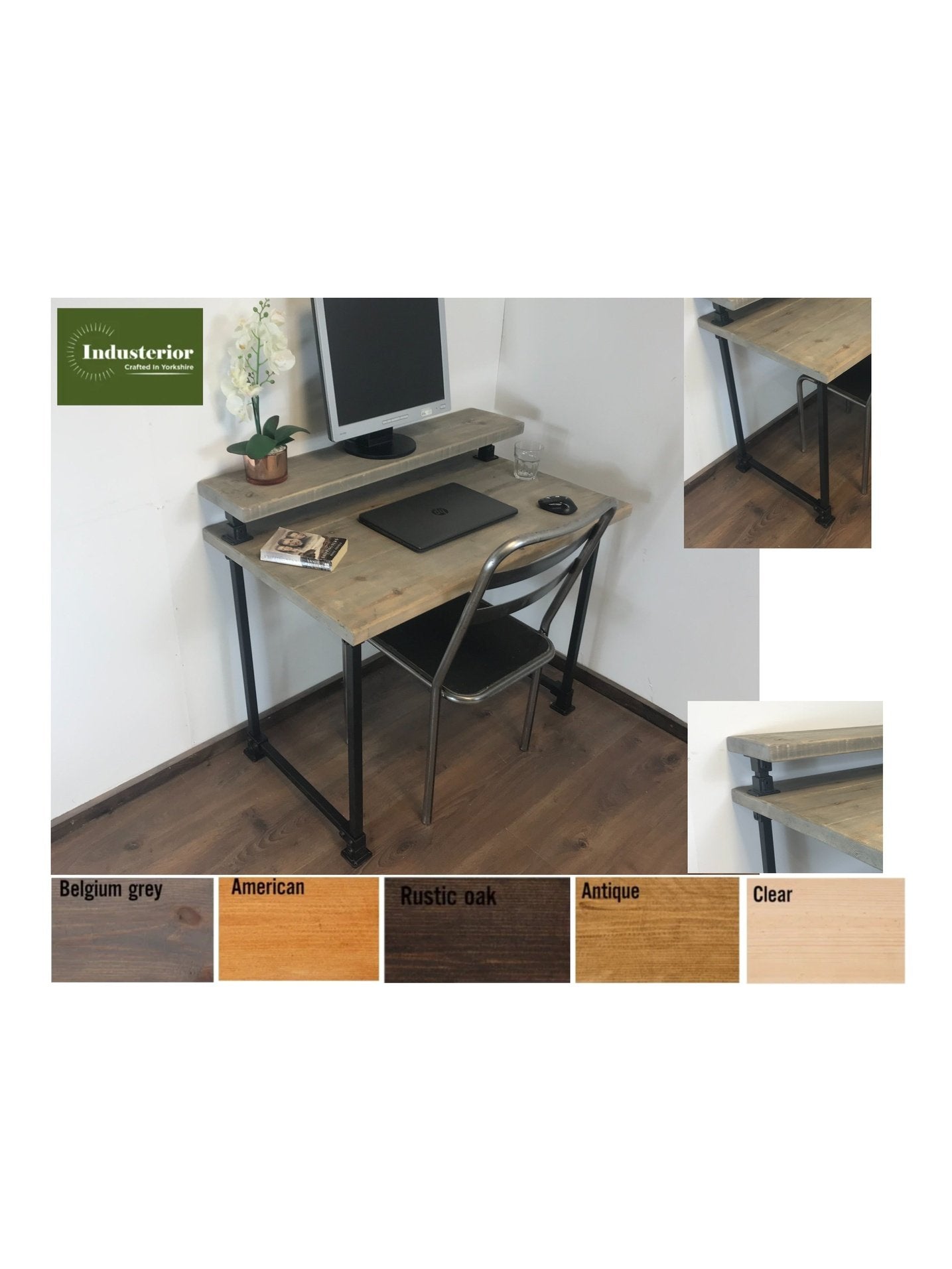 Home office desk with black square adjustable legs. with monitor shelf. 5 rustic wood colours. Industrial style. Simple Allan key installation, The Axlewood