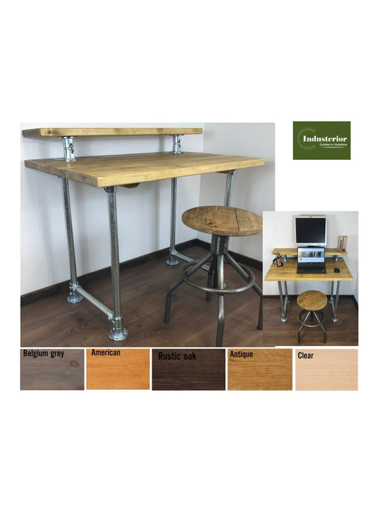 Rustic Industrial Pipe Office Desk with 5 choices of wood finish, Including monitor shelfScaffold style office desk using sustainable timber.