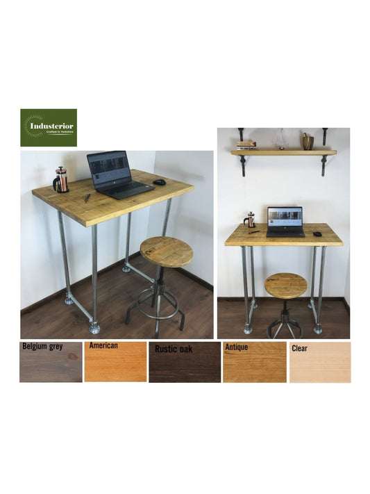 Standing Home Desk with silver pipe legs in 5 wood colours. Industrial style standing Desk, home office. Rustic standing desk