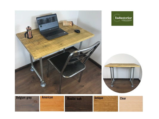 Rustic Industrial Pipe Office Desk with 5 choices of wood finish, Scaffold style office desk using sustainable timber.