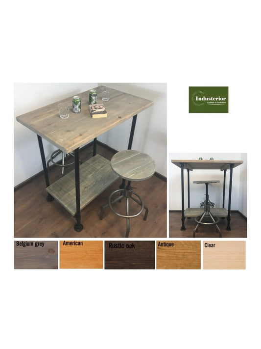 Industrial Breakfast Bar and shelf with Black Pipe Legs, adjustable feet for uneven floors- rustic sustainable wood.