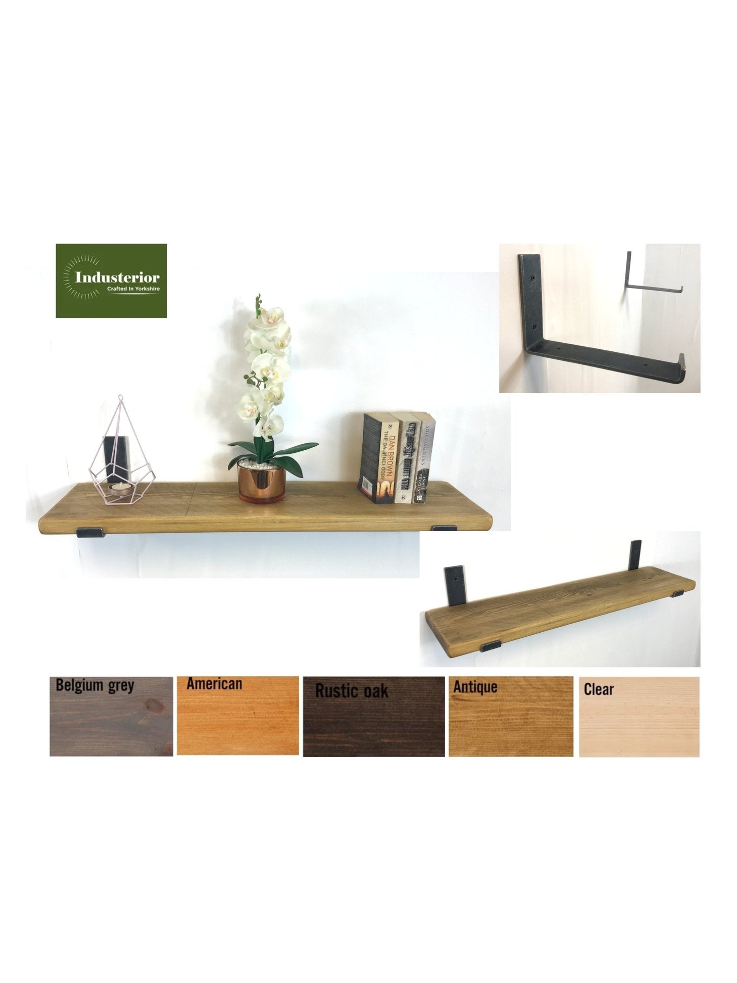 Rustic Style Solid Wood Shelf with lipped up Raw Steel Brackets, Handcrafted, 22cm Depth x 3.2cm, 5 wood finishes. free Uk delivery.