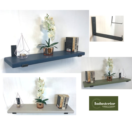 Handpainted Solid Wood Shelf with lipped up Brackets, Handcrafted, 22cm Depth x 3.2cm Thickness, Little green paint . Free UK delivery