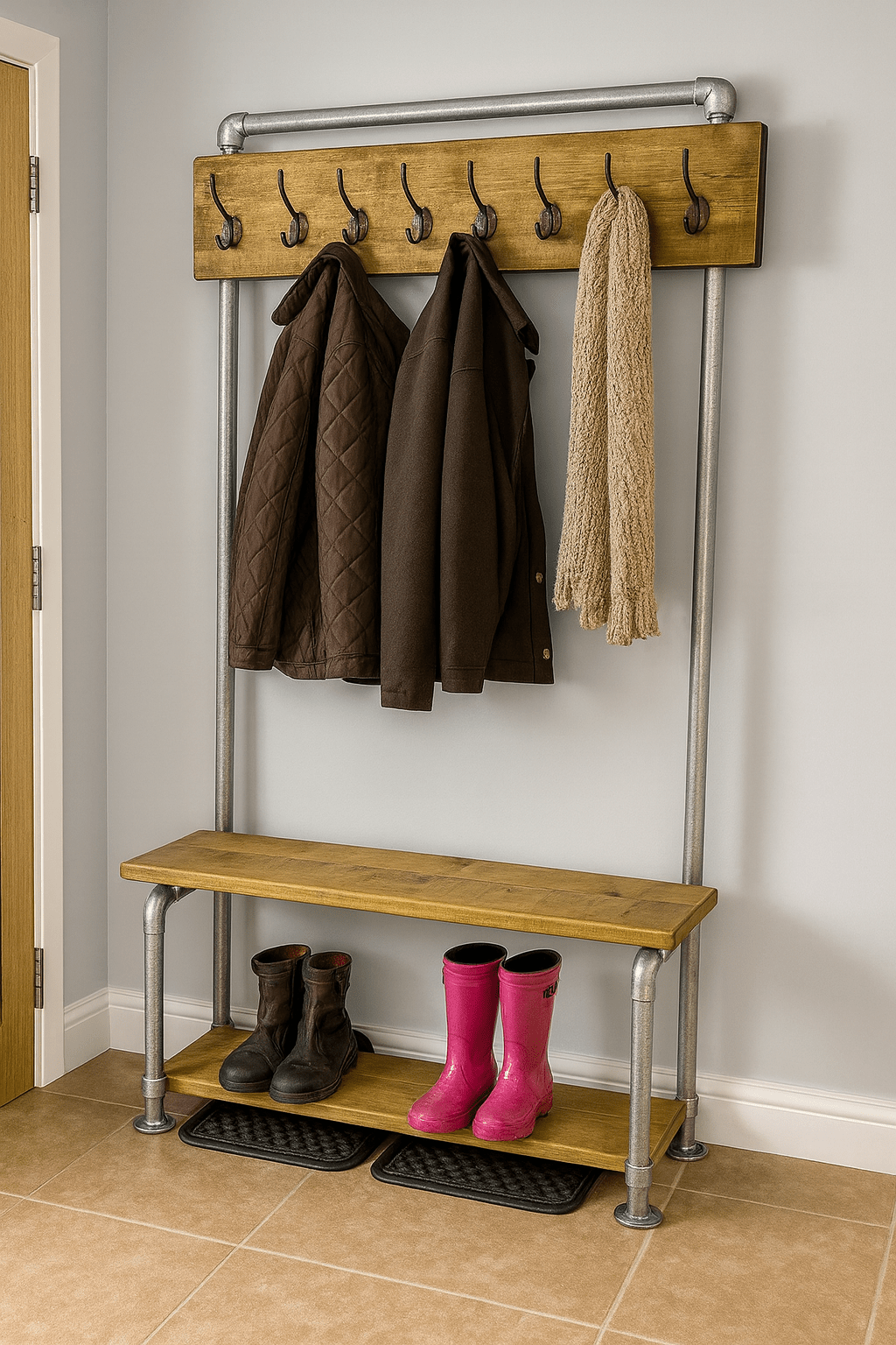 Rustic coat rack with shoe bench, Free standing with Rustic wood and Industrial pipe framework - hall furniture - entrance hall - storage