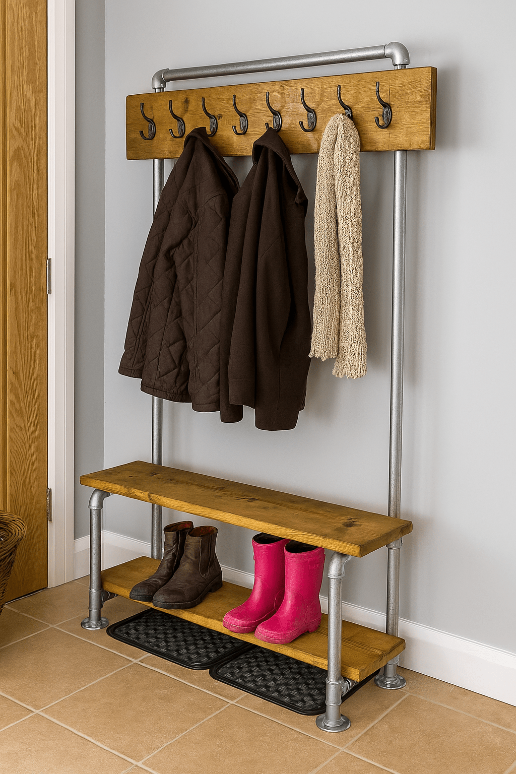 Rustic coat rack with shoe bench, Free standing with Rustic wood and Industrial pipe framework - hall furniture - entrance hall - storage