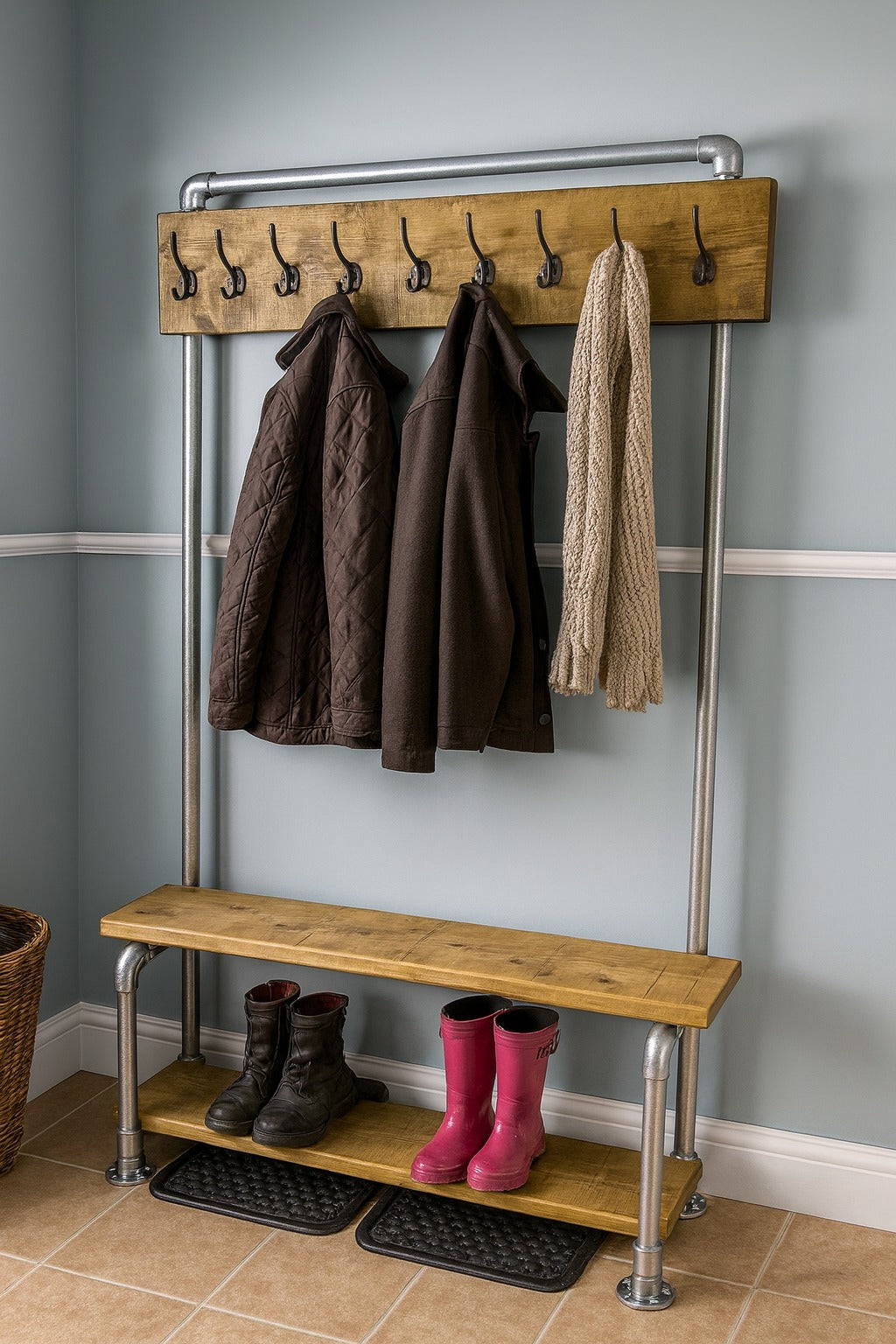 Rustic coat rack with shoe bench, Free standing with Rustic wood and Industrial pipe framework - hall furniture - entrance hall - storage