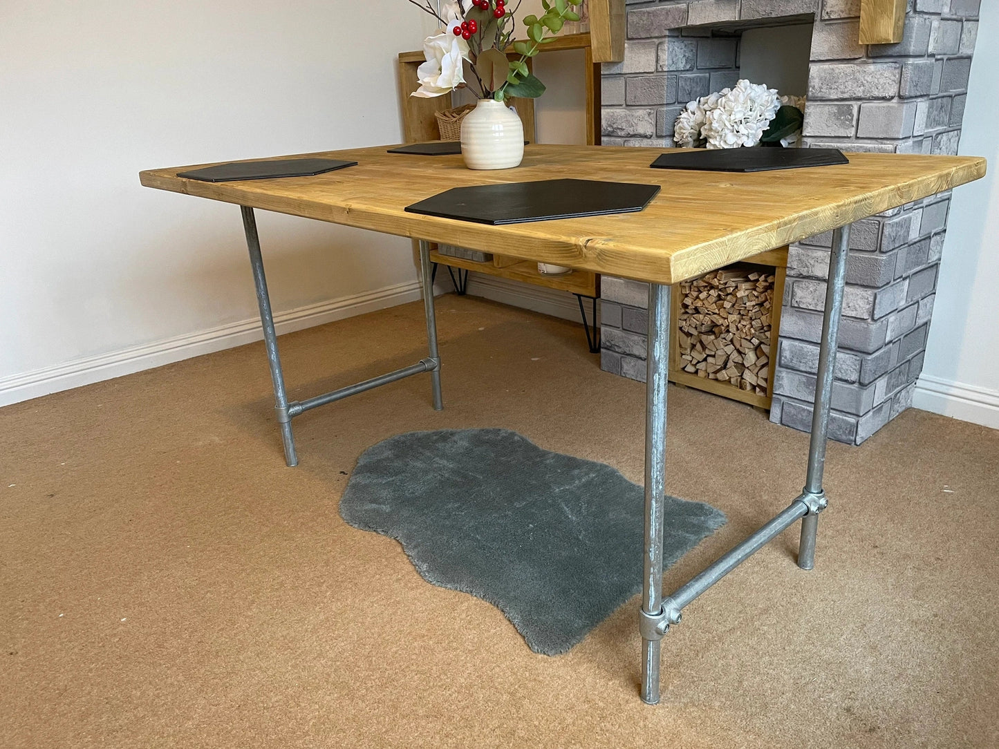 Planed Redwood Pine Table with Galvanized Pipe Legs