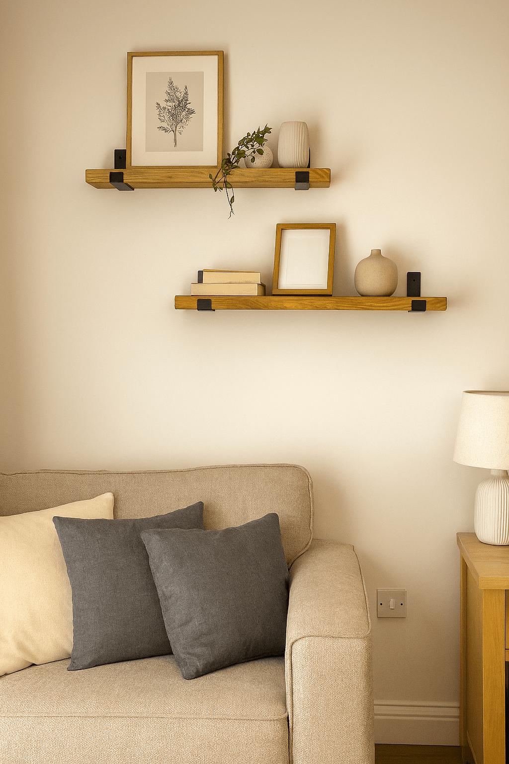 Rustic Style Solid Wood Shelf with lipped up Black Steel Brackets, Handcrafted, 22cm Depth x 3.2cm, 5 wood finishes. free Uk delivery.