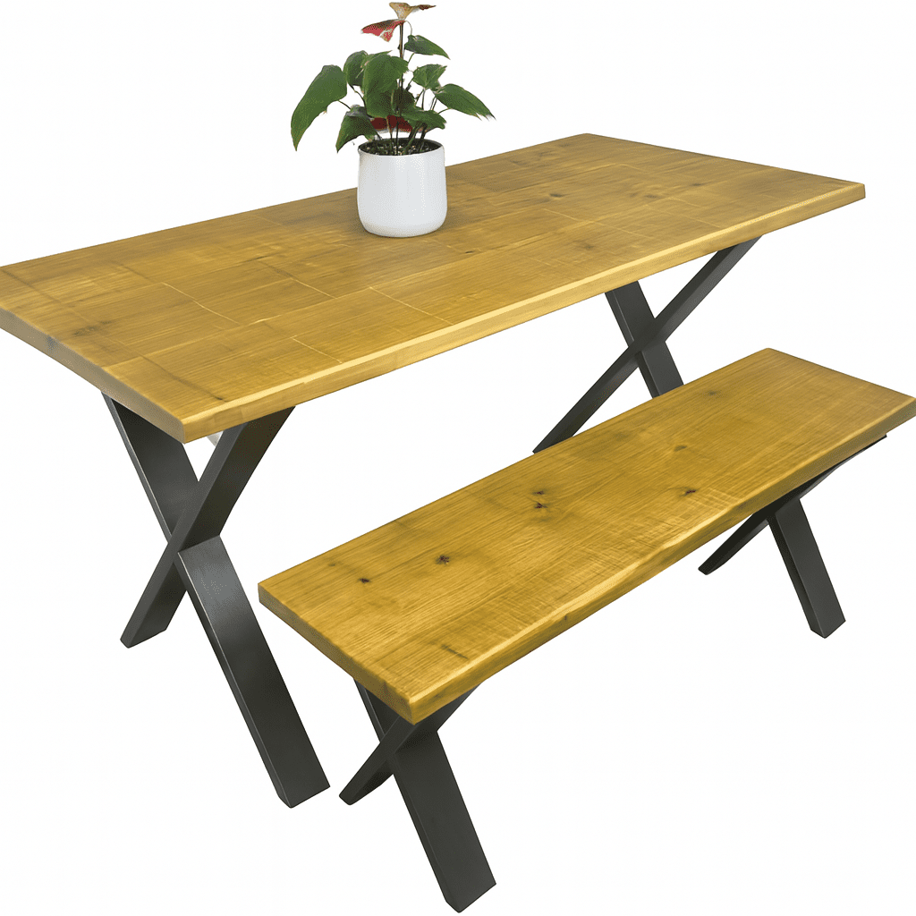 Rustic X-Leg Solid Wood Dining Table Set with Matching Bench Options