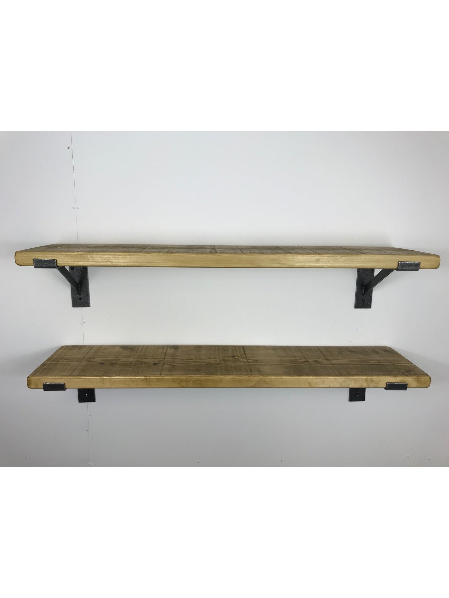 Rustic Style Solid Wood Shelf with Raw Steel lipped up Brackets, Handcrafted, 22cm Depth x 3.2cm Thickness, 5 wood finishes. free Uk deliver