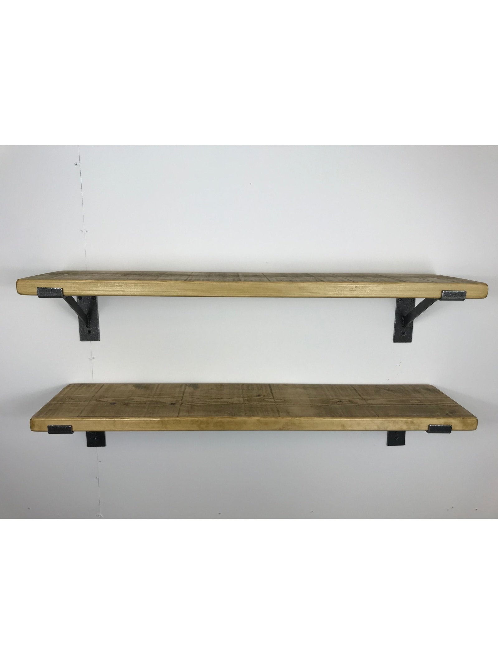 Rustic Style Solid Wood Shelf with Raw Steel lipped up Brackets, Handcrafted, 22cm Depth x 3.2cm Thickness, 5 wood finishes. free Uk deliver