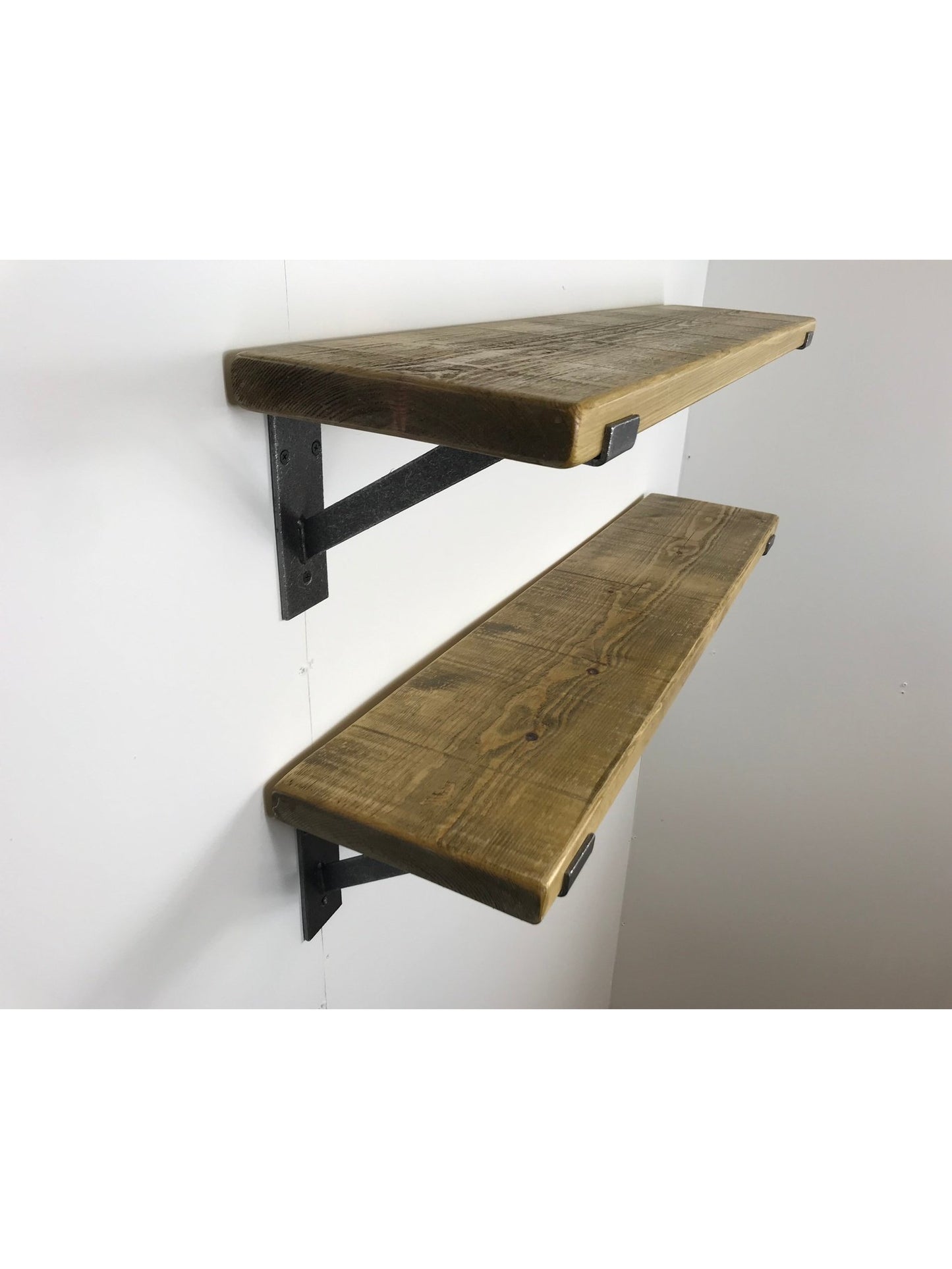 Rustic Style Solid Wood Shelf with Raw Steel lipped up Brackets, Handcrafted, 22cm Depth x 3.2cm Thickness, 5 wood finishes. free Uk deliver