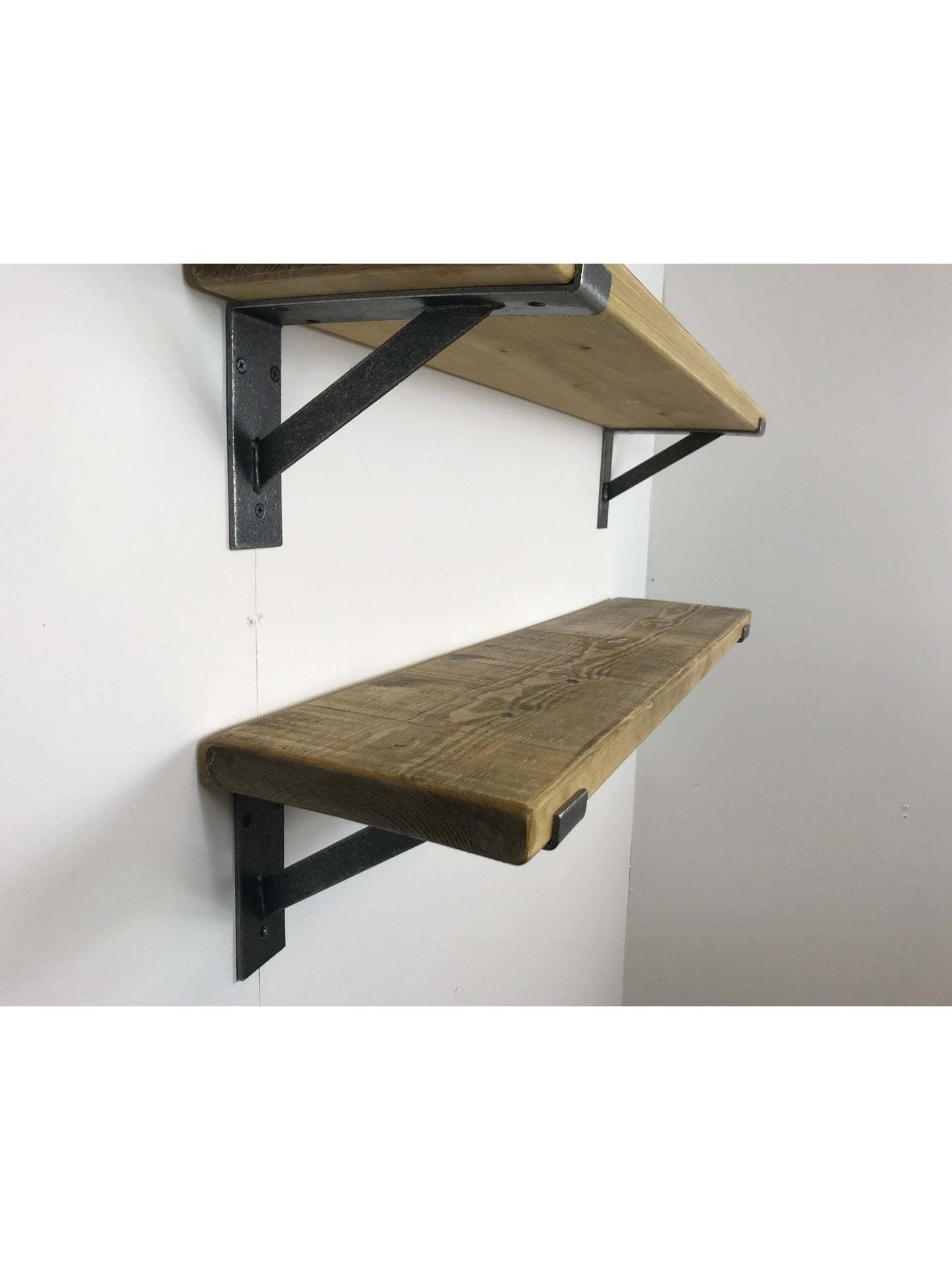 Rustic Style Solid Wood Shelf with Raw Steel lipped up Brackets, Handcrafted, 22cm Depth x 3.2cm Thickness, 5 wood finishes. free Uk deliver