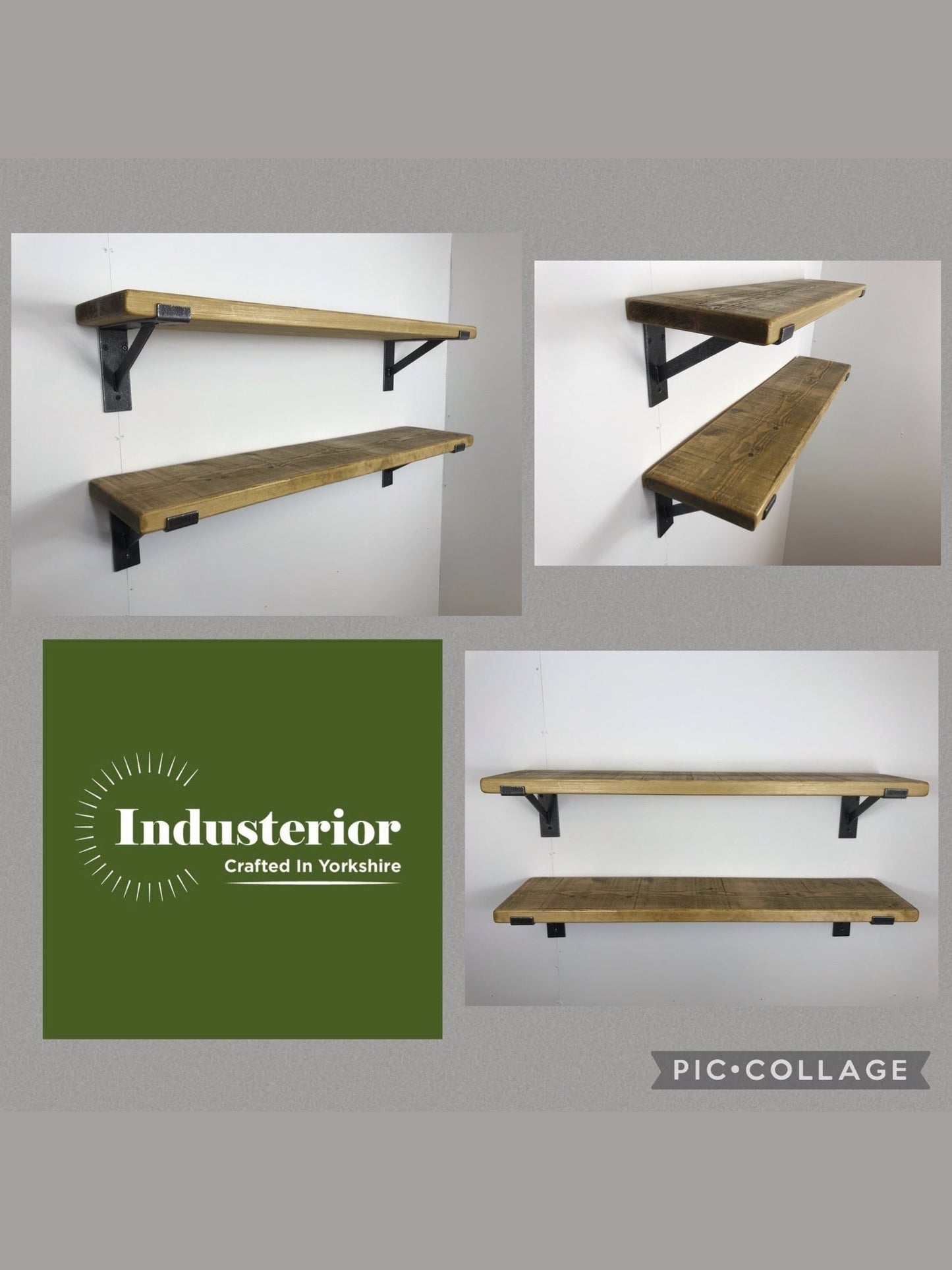 Rustic Style Solid Wood Shelf with Raw Steel lipped up Brackets, Handcrafted, 22cm Depth x 3.2cm Thickness, 5 wood finishes. free Uk deliver