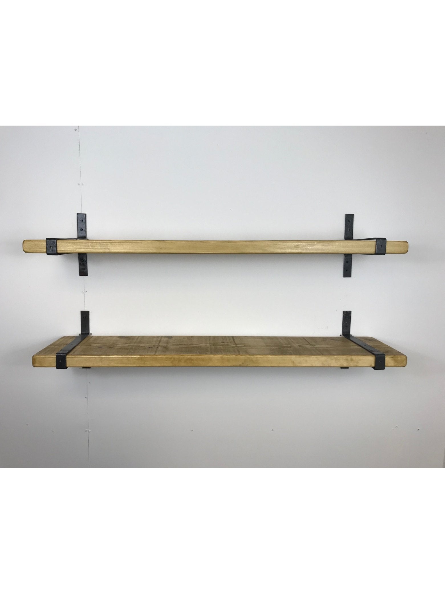 Rustic Style Solid Wood Shelf with Wrap style Raw Steel Brackets, Handcrafted, 5 wood finishes. free Uk delivery