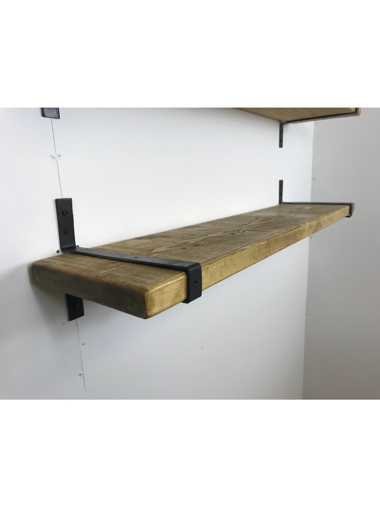 Rustic Style Solid Wood Shelf with Wrap style Raw Steel Brackets, Handcrafted, 5 wood finishes. free Uk delivery