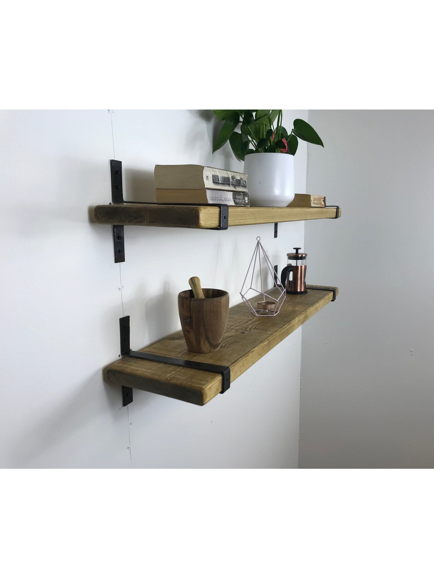 Rustic Style Solid Wood Shelf with Wrap style Raw Steel Brackets, Handcrafted, 5 wood finishes. free Uk delivery